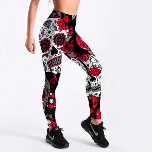 Pants - Skull & Flower Black Digital Print Leggings